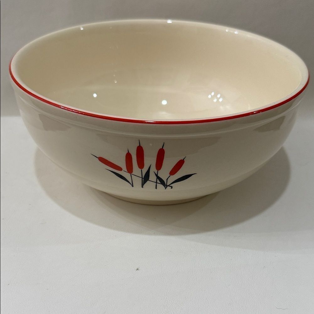 Cattail Cream Red Serveware Bowl USA Sears Roebuck & Co 8 3/4 Round X 3 3/4 Tall